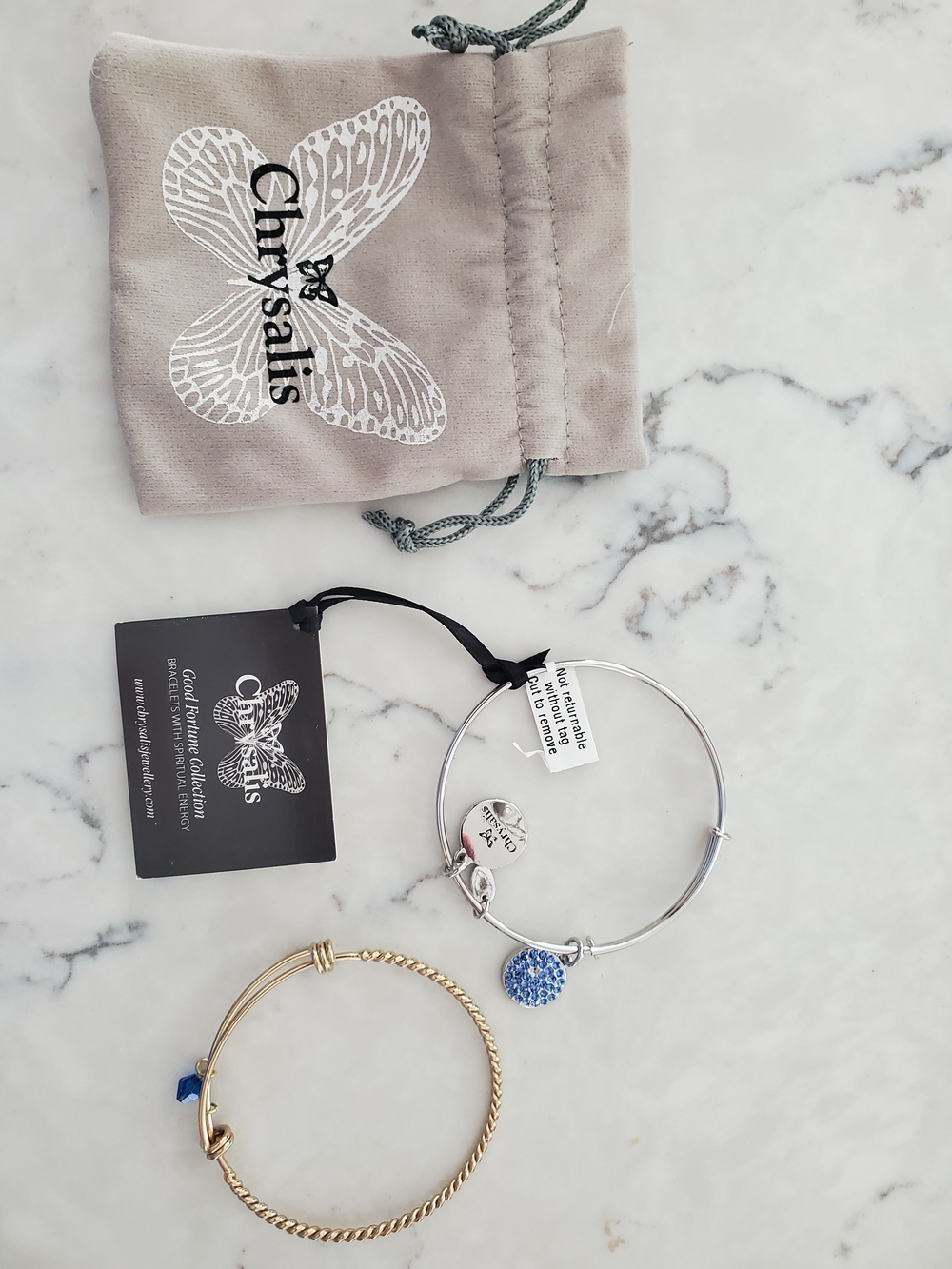 Women's Silver and Gold Charm Bangle Bracelet Set with Blue Accents
